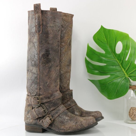 Steve Madden Womens Brodiee Riding Boot Size 9.5 Brown Tan Crackle Distressed - Picture 4 of 12